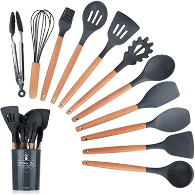 12-Piece Silicone Cooking Utensils Set with Natural Wood Handles – Heat-Resistant, Non-Stick, Eco-Friendly Kitchen Tools for Baking, Grilling, and Food Preparation. Perfect for Non-Stick Cookware and Daily Cooking Needs.