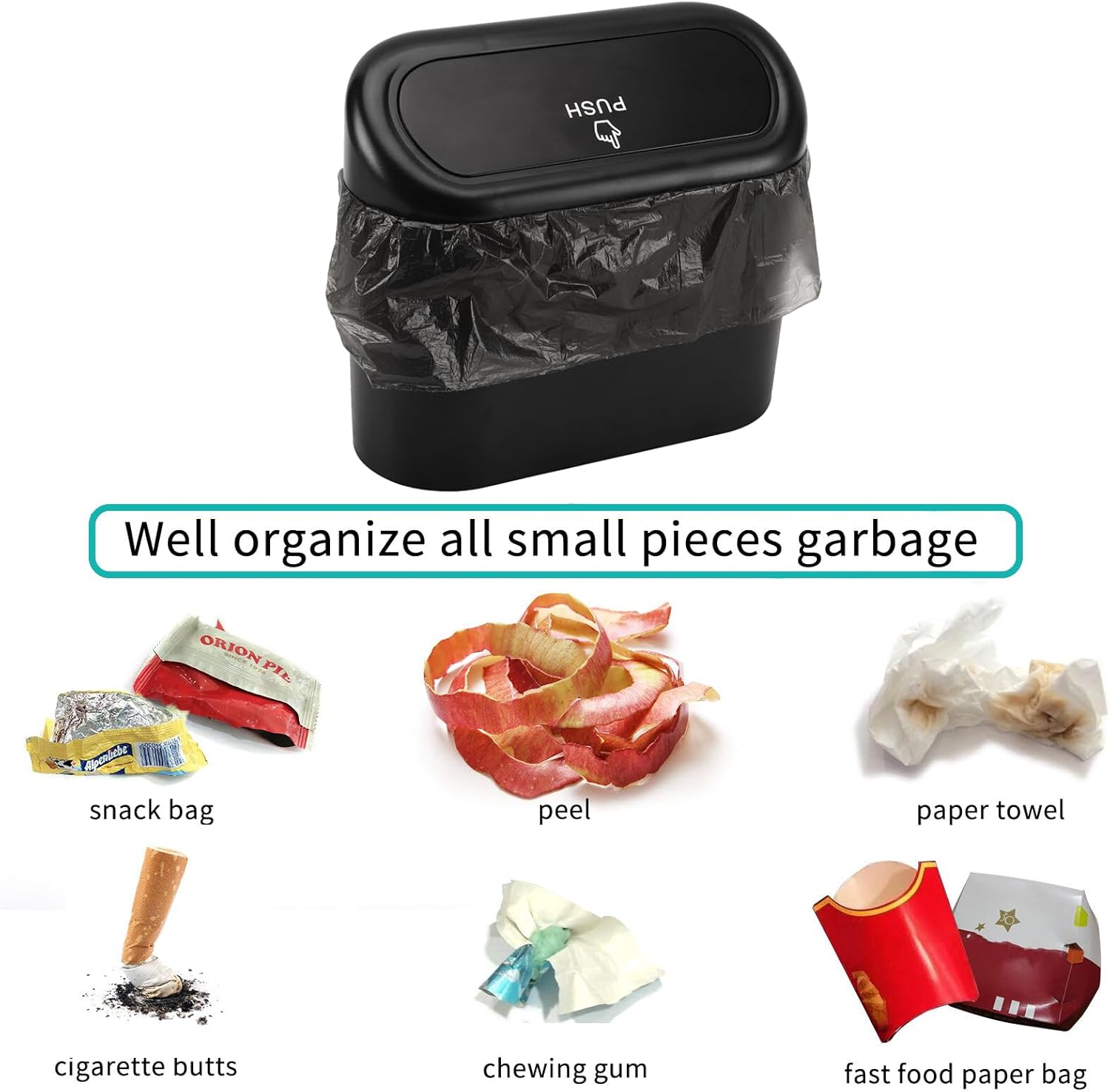 Car Trash Can with Lid, Mini Auto Dustbin Garbage Organizer with 30 Pcs Plastic Trash Bag, Automotive Garbage Container Bin for Vehicle, Home, Office