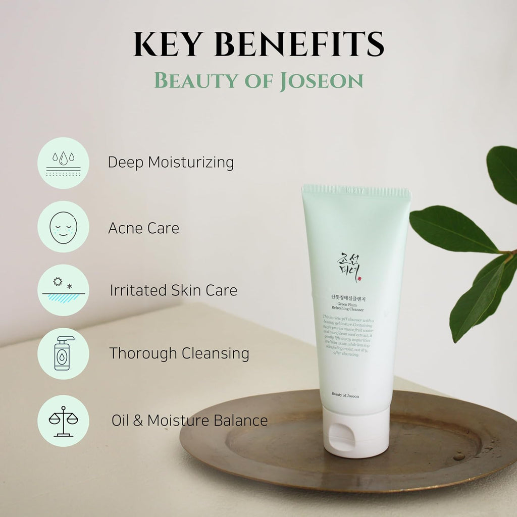 "Beauty of Joseon Green Plum Refreshing Cleanser, 100ml, in elegant packaging, perfect for hydration and exfoliation."