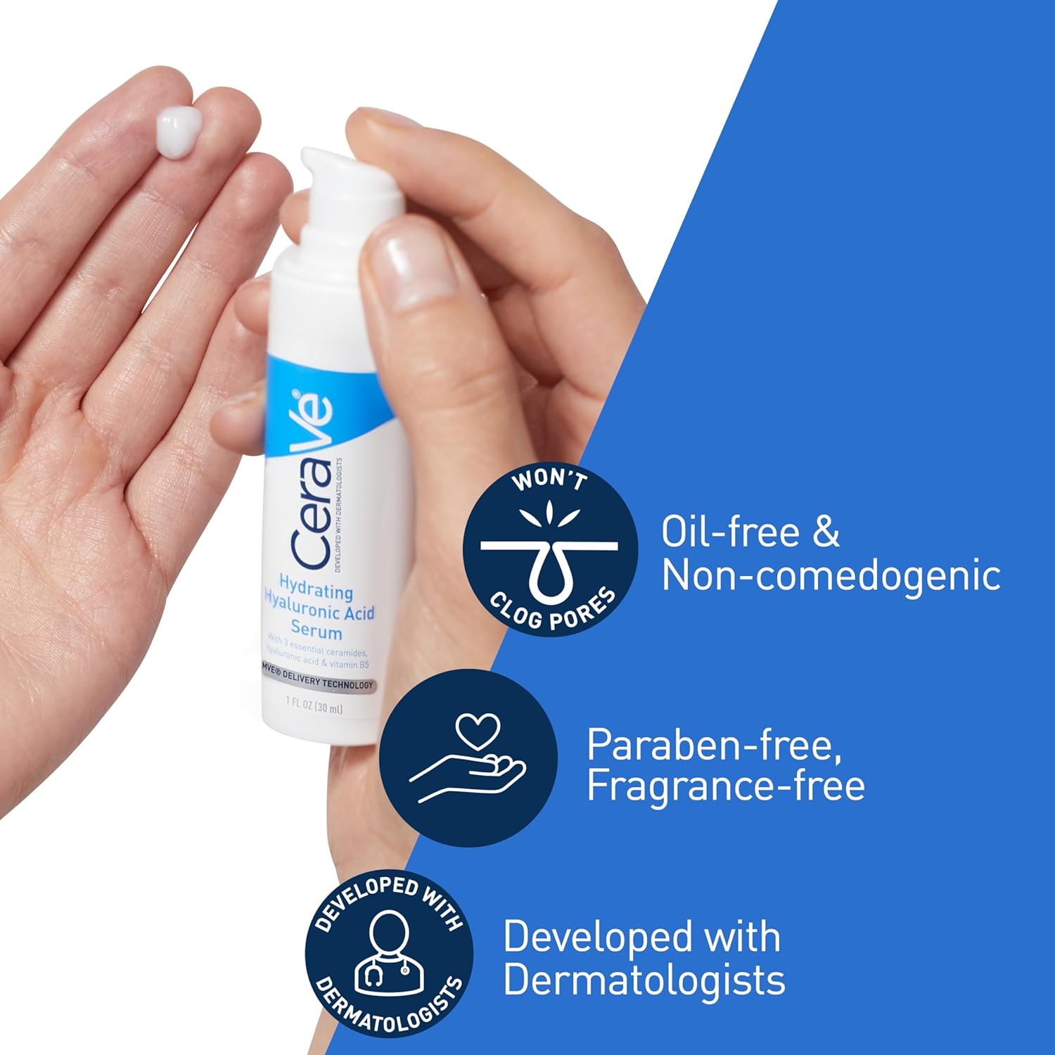 CeraVe Hydrating Hyaluronic Acid Serum with Vitamin B5 and Ceramides, 30ml, fragrance-free formula for deep hydration. CeraVe Fragrance-Free Hydrating Serum with Hyaluronic Acid, Vitamin B5, and Ceramides for sensitive skin.