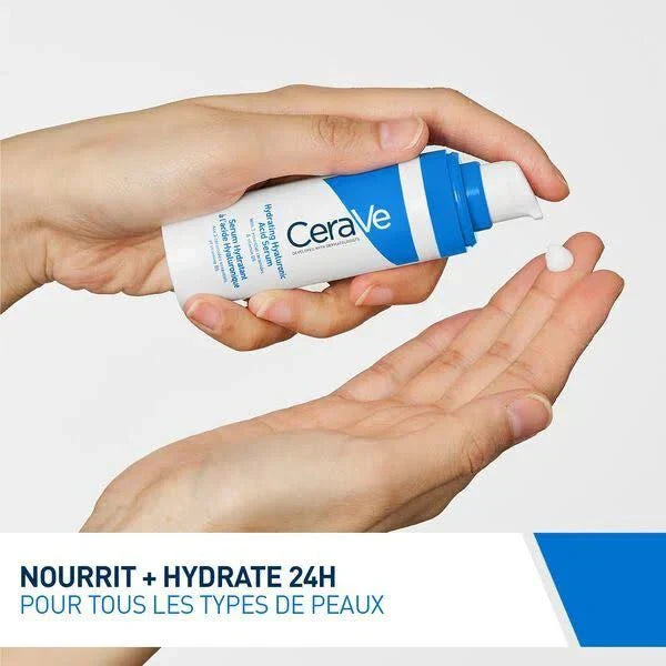 CeraVe Hydrating Hyaluronic Acid Serum with Vitamin B5 and Ceramides, 30ml, fragrance-free formula for deep hydration. CeraVe Fragrance-Free Hydrating Serum with Hyaluronic Acid, Vitamin B5, and Ceramides for sensitive skin.