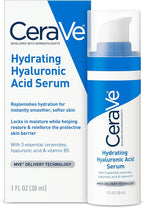 CeraVe Hydrating Hyaluronic Acid Serum with Vitamin B5 and Ceramides, 30ml, fragrance-free formula for deep hydration. CeraVe Fragrance-Free Hydrating Serum with Hyaluronic Acid, Vitamin B5, and Ceramides for sensitive skin.