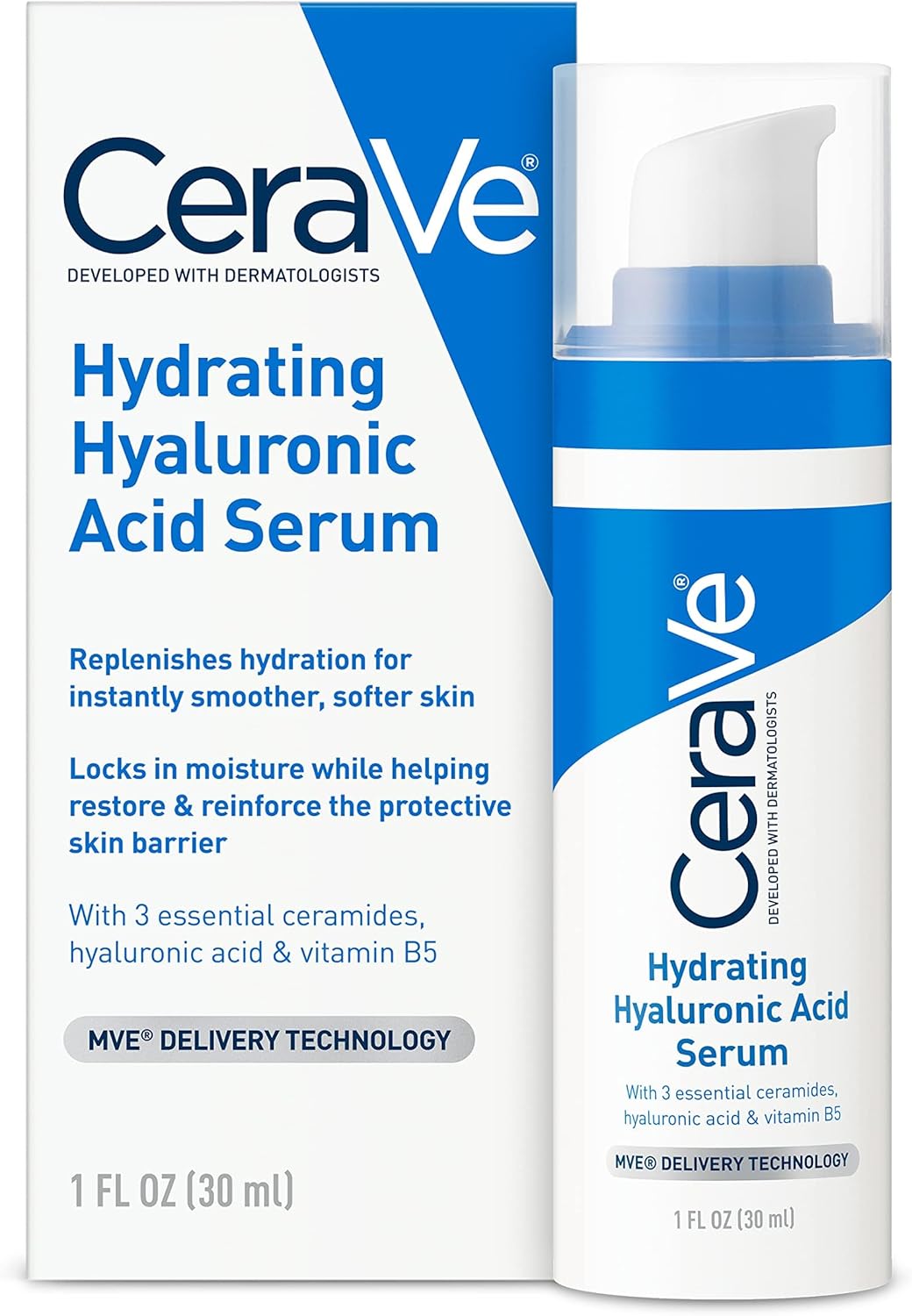 CeraVe Hydrating Hyaluronic Acid Serum with Vitamin B5 and Ceramides, 30ml, fragrance-free formula for deep hydration. CeraVe Fragrance-Free Hydrating Serum with Hyaluronic Acid, Vitamin B5, and Ceramides for sensitive skin.