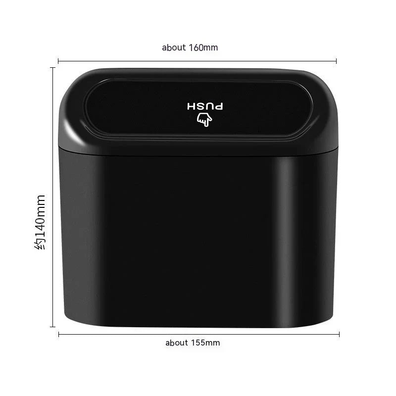 Mini Car Trash Can with lid, leakproof and compact design, perfect for cars, home, and office use.  Compact Mini Car Trash Can placed in a car cup holder, highlighting its space-saving design.