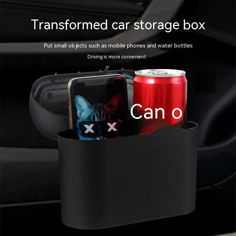 Mini Car Trash Can with lid, leakproof and compact design, perfect for cars, home, and office use.  Compact Mini Car Trash Can placed in a car cup holder, highlighting its space-saving design.