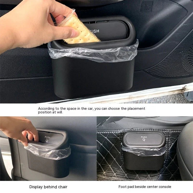 Mini Car Trash Can with lid, leakproof and compact design, perfect for cars, home, and office use.  Compact Mini Car Trash Can placed in a car cup holder, highlighting its space-saving design.