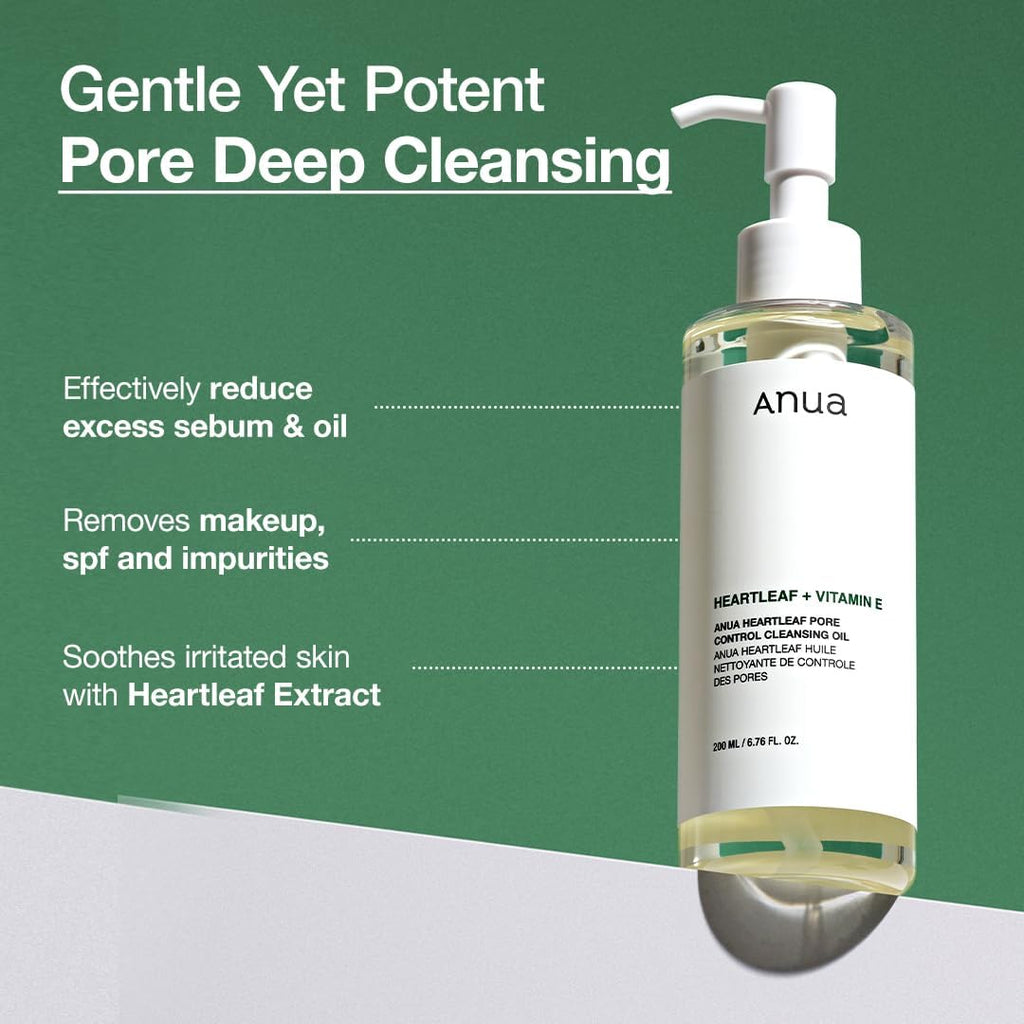 "ANUA Heartleaf Pore Control Cleansing Oil, a Korean facial cleanser for daily makeup and blackhead removal."
