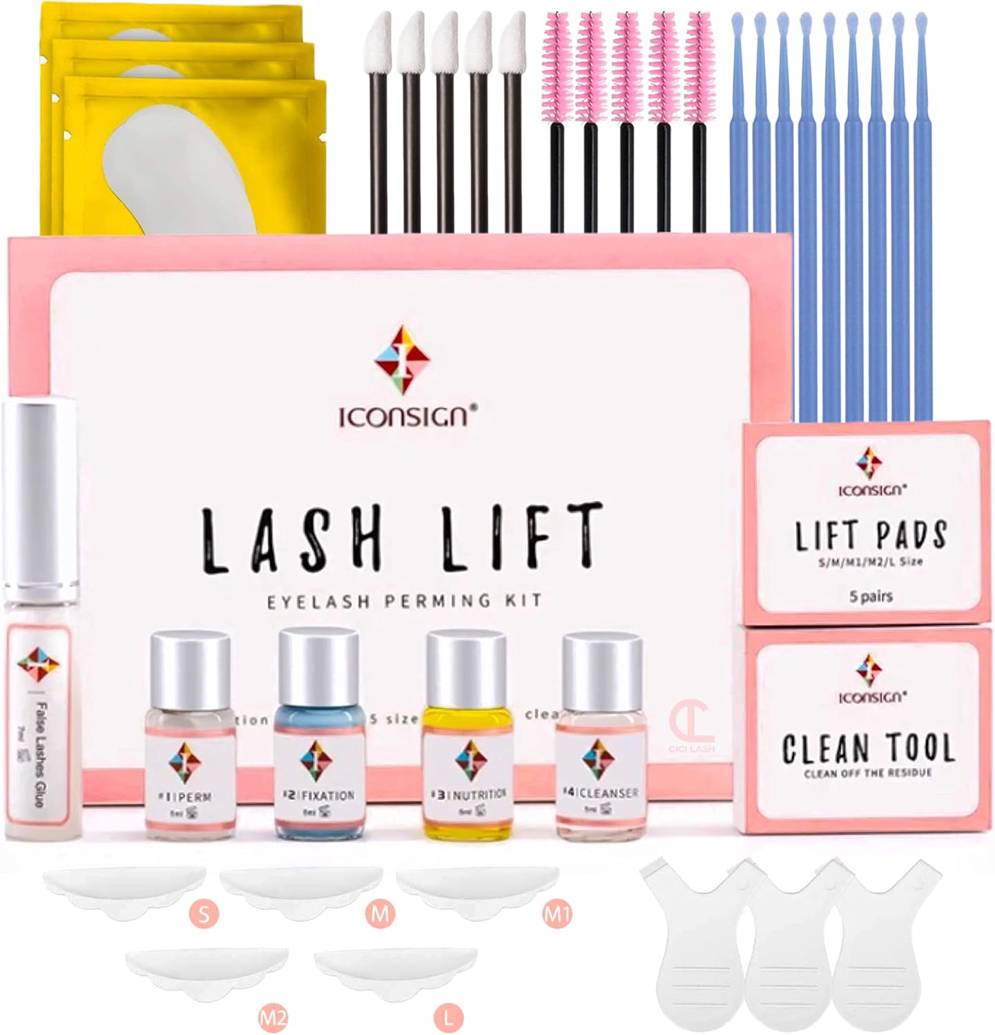 ICONSIGN ESSNS Eyelash Perming Kit with updated formula for salon and home use, full kit displayed.