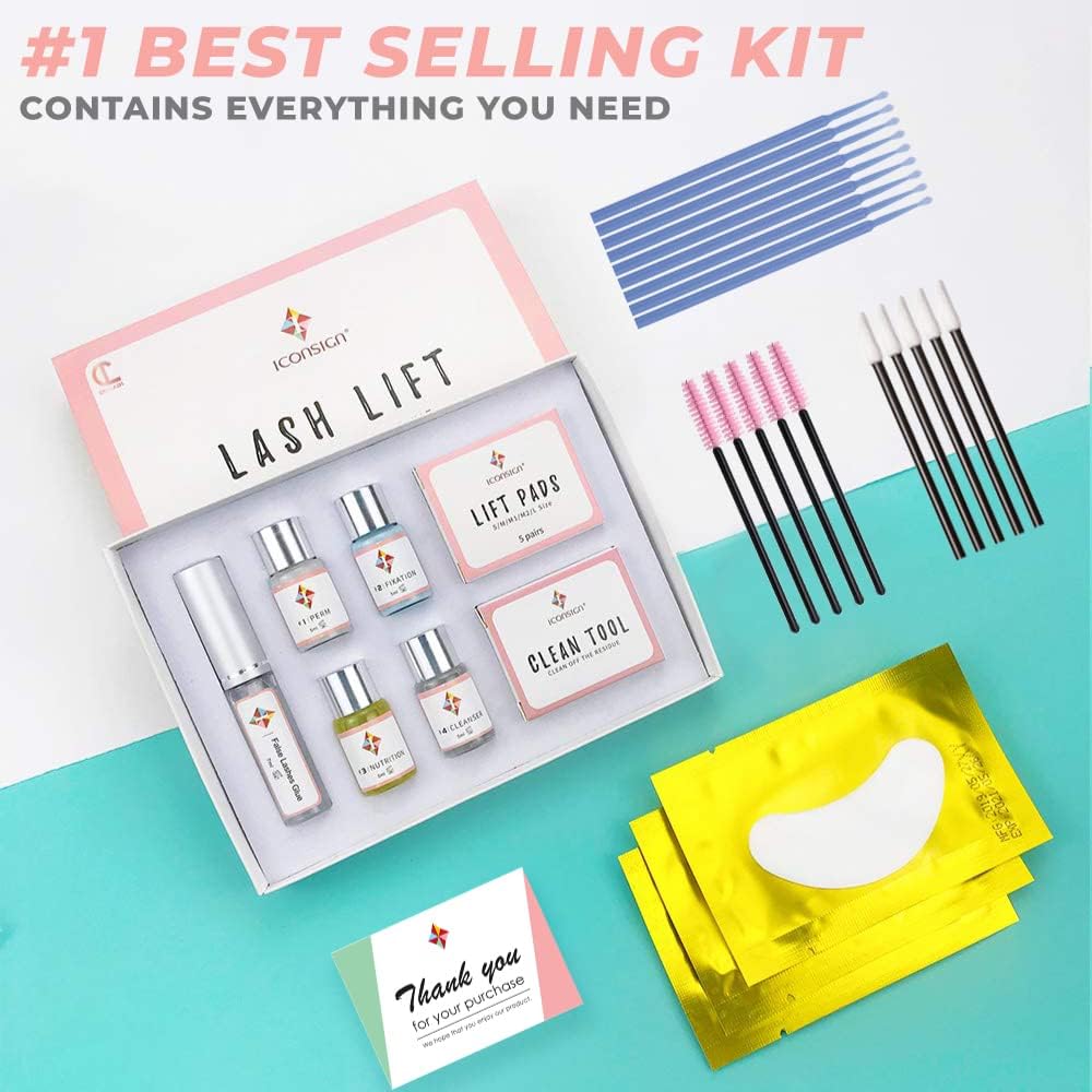 ICONSIGN ESSNS Eyelash Perming Kit with updated formula for salon and home use, full kit displayed.