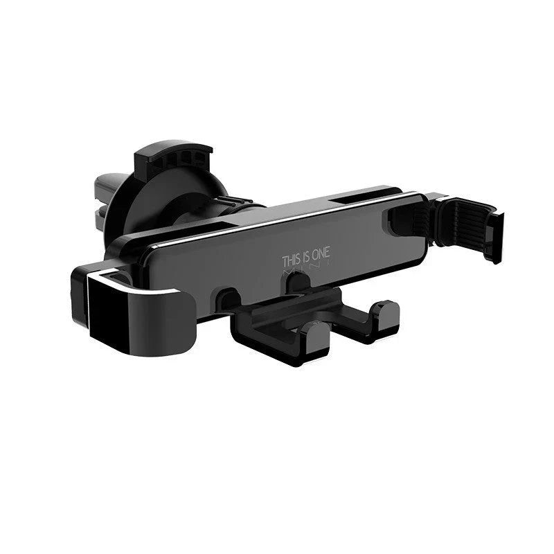Italian Gravity Car Phone Holder in black, showcasing its stable and non-slip design for all smartphones. Black Italian Gravity Car Phone Holder installed on a car air vent, providing easy access to your device.