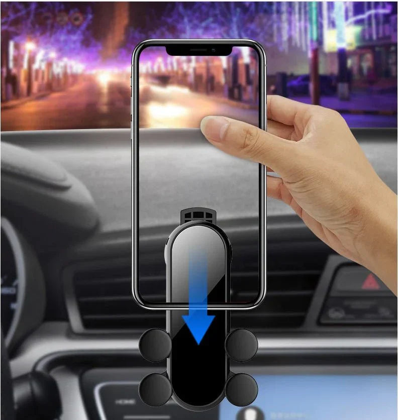 Italian Gravity Car Phone Holder in black, showcasing its stable and non-slip design for all smartphones. Black Italian Gravity Car Phone Holder installed on a car air vent, providing easy access to your device.