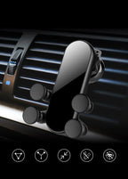 Italian Gravity Car Phone Holder in black, showcasing its stable and non-slip design for all smartphones. Black Italian Gravity Car Phone Holder installed on a car air vent, providing easy access to your device.