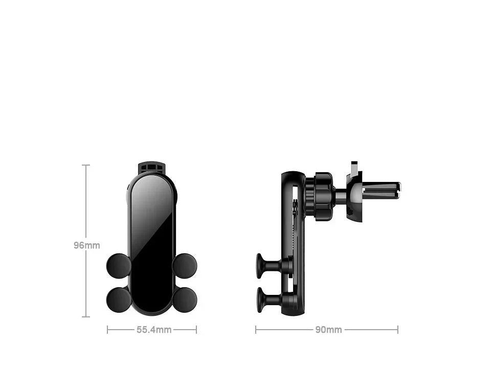Italian Gravity Car Phone Holder in black, showcasing its stable and non-slip design for all smartphones. Black Italian Gravity Car Phone Holder installed on a car air vent, providing easy access to your device.
