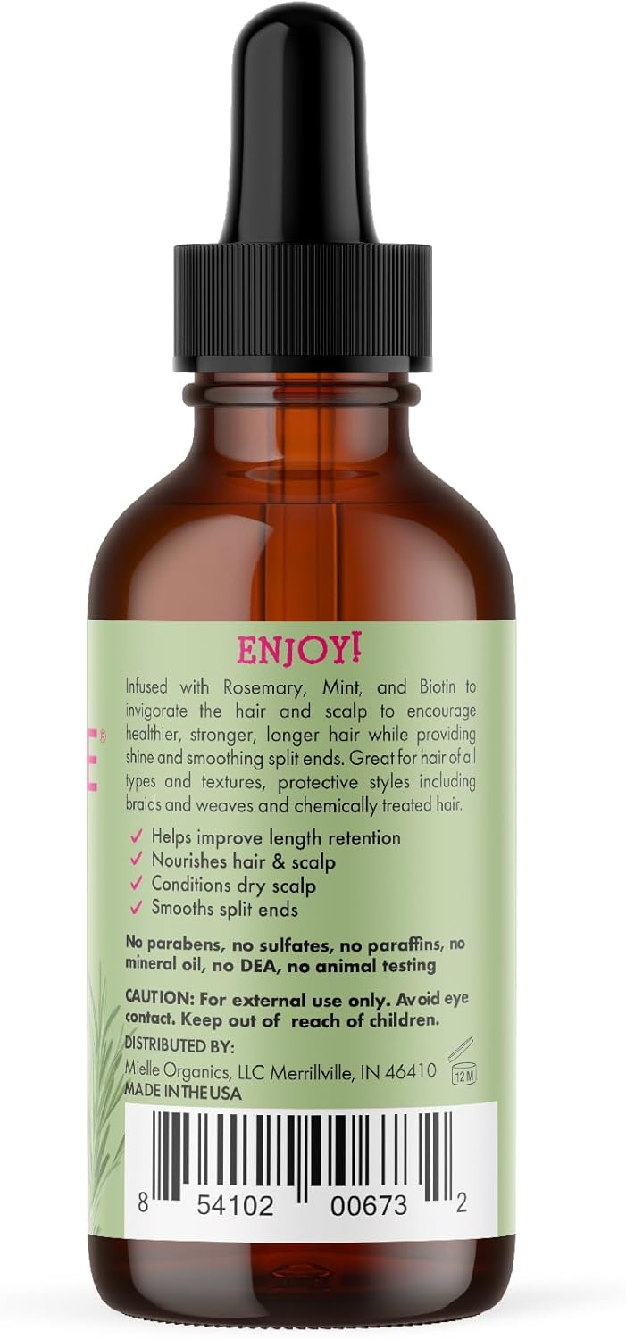 Mielle Rosemary Mint Hair Oil – Biotin-infused treatment for hair growth and scalp nourishment in a 2 fl oz (59ml) bottle.