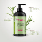 Mielle Organics shampoo for cleansing, strengthening, and promoting healthy hair growth. Nourishing and invigorating shampoo infused with rosemary, mint, and biotin by Mielle Organics.