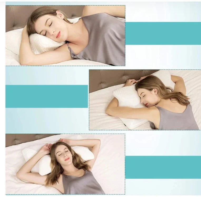 "ZAMAT Contour Memory Foam Pillow for neck pain relief, ergonomic design for side, back, and stomach sleepers."