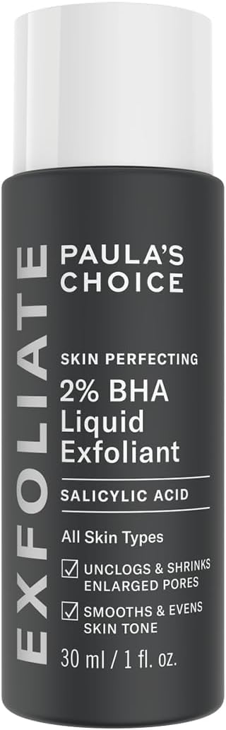  "Paula's Choice SKIN PERFECTING 2% BHA Liquid Exfoliant, 30ml bottle for blackhead and pore care."