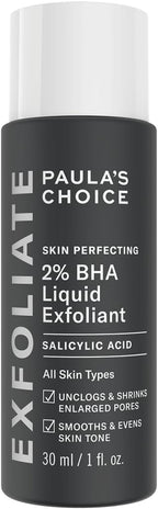  "Paula's Choice SKIN PERFECTING 2% BHA Liquid Exfoliant, 30ml bottle for blackhead and pore care."