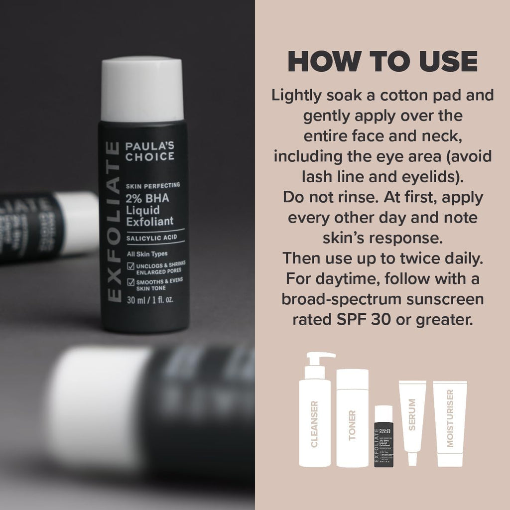  "Paula's Choice SKIN PERFECTING 2% BHA Liquid Exfoliant, 30ml bottle for blackhead and pore care."