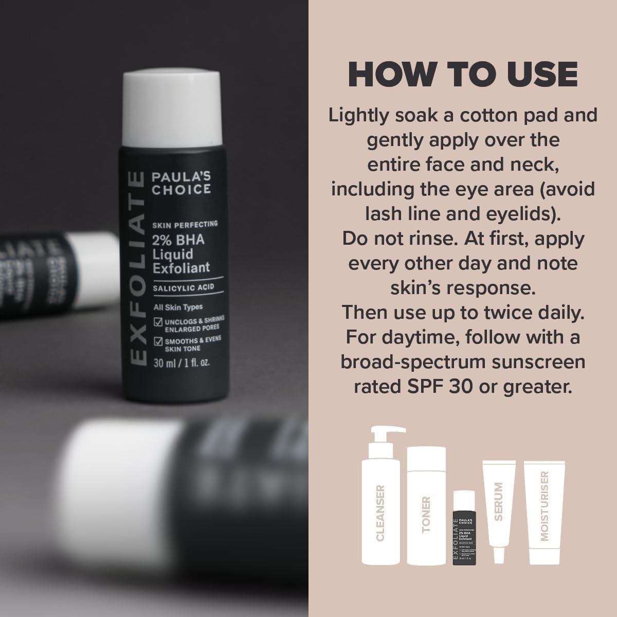  "Paula's Choice SKIN PERFECTING 2% BHA Liquid Exfoliant, 30ml bottle for blackhead and pore care."