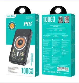 20,000mAh Magnetic Power Bank with 15W fast wireless charging on a sleek surface. Compact Magnetic Power Bank charging a smartphone wirelessly with 15W speed.