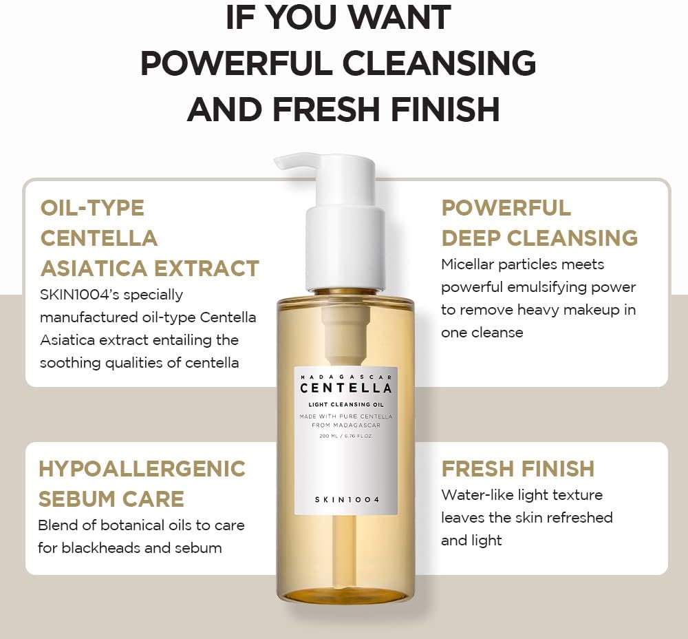  "SKIN1004 Madagascar Centella Light Cleansing Oil, a gentle makeup remover in a 200ml bottle."