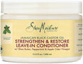 Shea Moisture Jamaican Black Castor Oil Strengthen & Restore Leave-In Conditioner, 11.5 oz jar. Close-up of Shea Moisture leave-in conditioner with shea butter, peppermint, and apple cider vinegar.