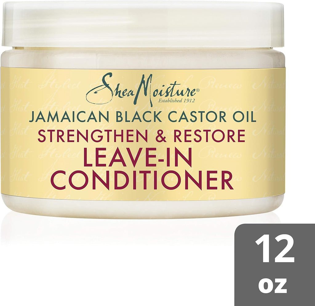 Shea Moisture Jamaican Black Castor Oil Strengthen & Restore Leave-In Conditioner, 11.5 oz jar. Close-up of Shea Moisture leave-in conditioner with shea butter, peppermint, and apple cider vinegar.