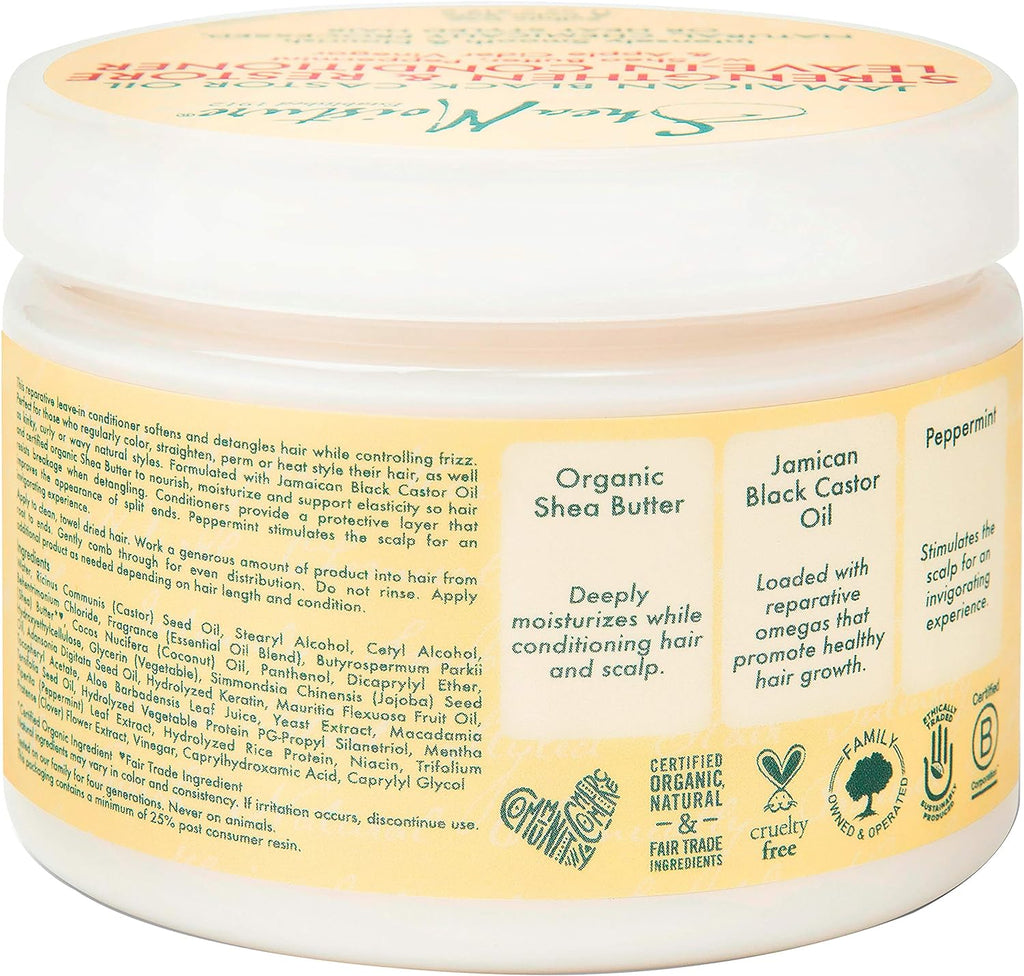 Shea Moisture Jamaican Black Castor Oil Strengthen & Restore Leave-In Conditioner, 11.5 oz jar. Close-up of Shea Moisture leave-in conditioner with shea butter, peppermint, and apple cider vinegar.